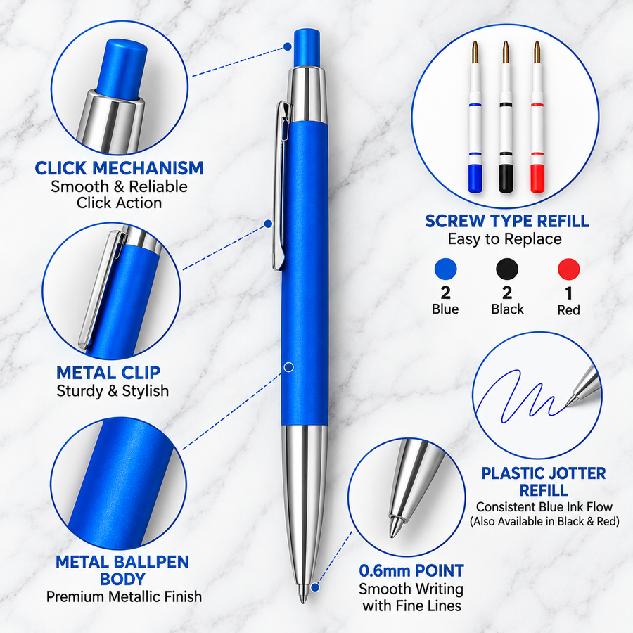 Ball Pen Bazaar Matt Blue Ball Pen with Silver Design & Silver Clip | Click Mechanism | Blue Ink | 1 Extra Refill