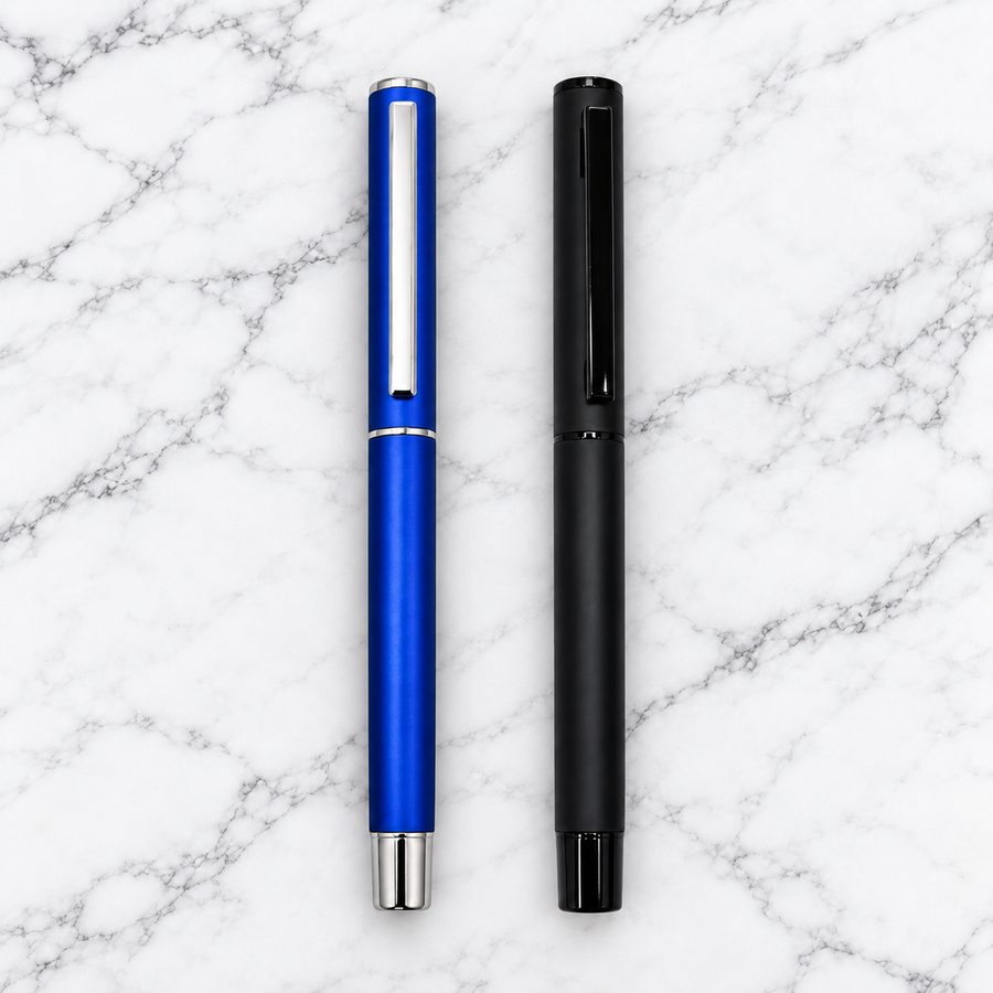 Set of 2 Matt Blue & Black Openable Metal Ball Pens – Blue Ink | 2 Extra Plastic Jotter Refills Free