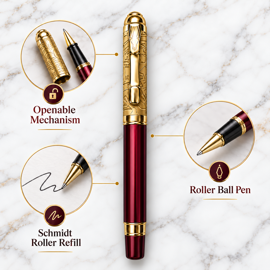 Metallic Glossy Maroon Ball Pen with Designer Gold Cap & Horse Symbol Clip – Openable Mechanism | Blue Ink