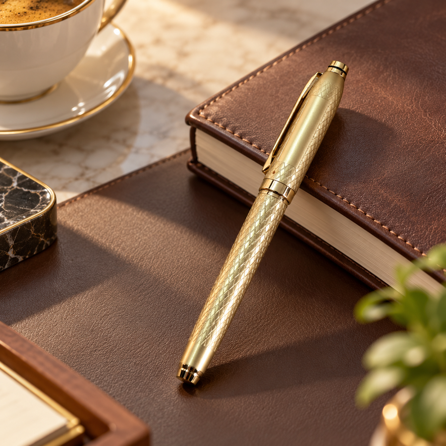 Premium Golden Designer Metal Roller Ball Pen – Fine Point, Openable Cap, Blue Ink, Schmidt Roller Refill