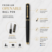 Ballpen Bazaar Matt Black Metal Ball Pen with Matt Black Cap & Designer Glossy Gold Clip | Openable Cap | Blue Ink | Premium Executive Writing Pen | 1 Pen + 1 Free Refill | Gift for Office & Business