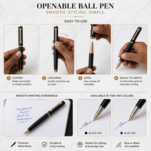 Ballpen Bazaar Matt Black Metal Ball Pen with Matt Black Cap & Designer Glossy Gold Clip | Openable Cap | Blue Ink | Premium Executive Writing Pen | 1 Pen + 1 Free Refill | Gift for Office & Business