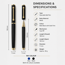 Ballpen Bazaar Matt Black Metal Ball Pen with Matt Black Cap & Designer Glossy Gold Clip | Openable Cap | Blue Ink | Premium Executive Writing Pen | 1 Pen + 1 Free Refill | Gift for Office & Business