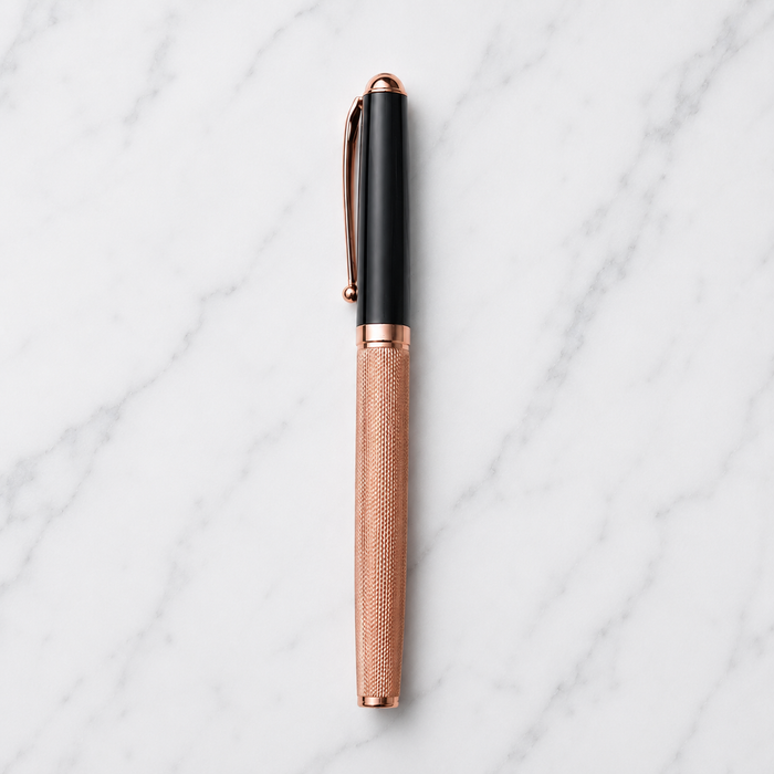 Glossy rose gold openable ball pen with black cap product image