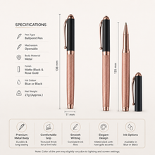 Ballpen Bazaar Metallic Glossy Rose Gold Ball Pen with Black Cap & Rose Gold Clip | Openable Mechanism | Blue Ink | 1 Pen + 1 Free Refill