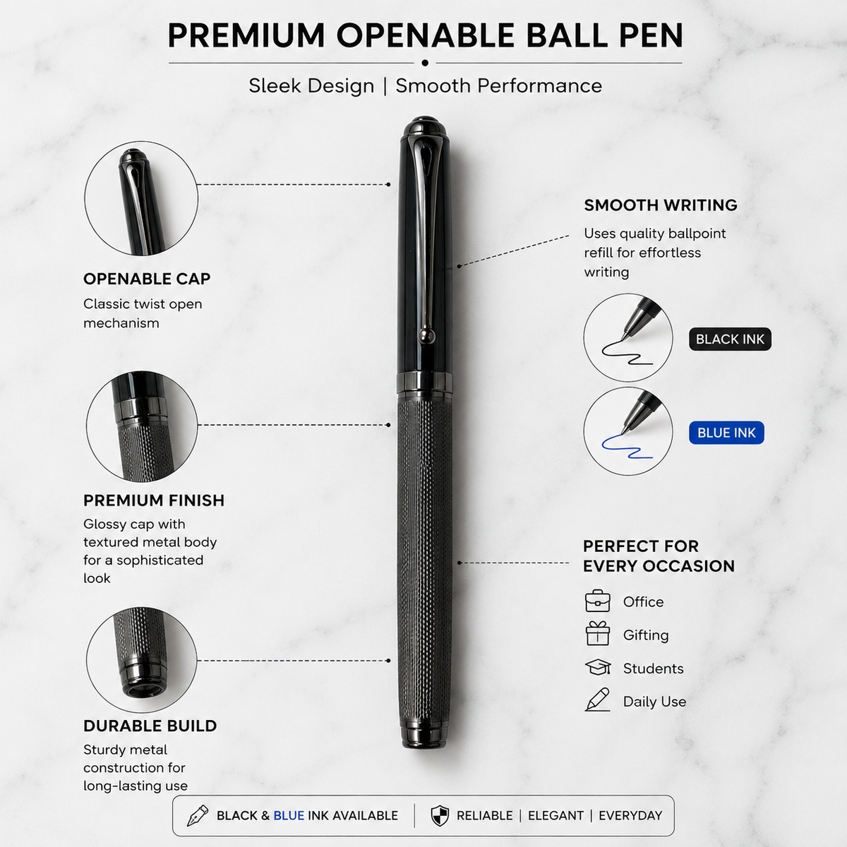 Glossy gunmetal openable ball pen with black cap product image