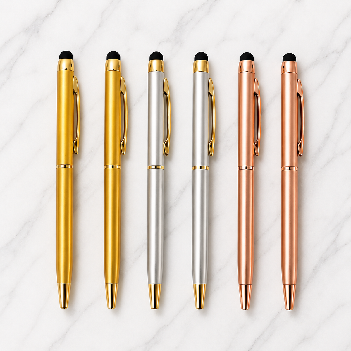 Set of 6 Gold, Silver & Rose Gold Stylus Twist Ball Pens product view 1