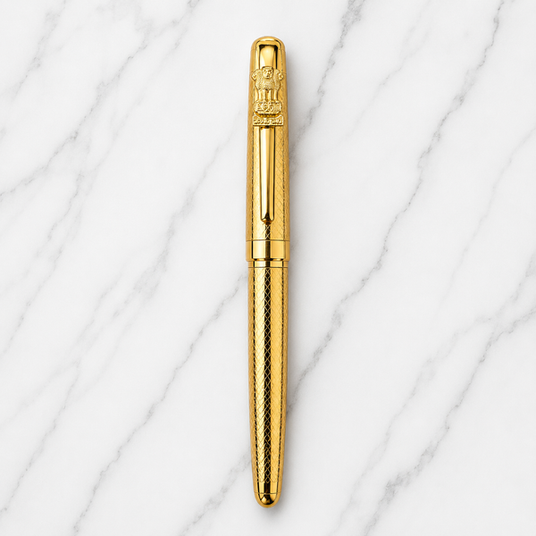 Ballpen Bazaar Metallic Glossy Designer Gold Ball Pen with Gold Designer Cap & Ashoka Emblem Clip | Openable Metal Pen | Blue Ink | 1 Pen + 1 Free Refill