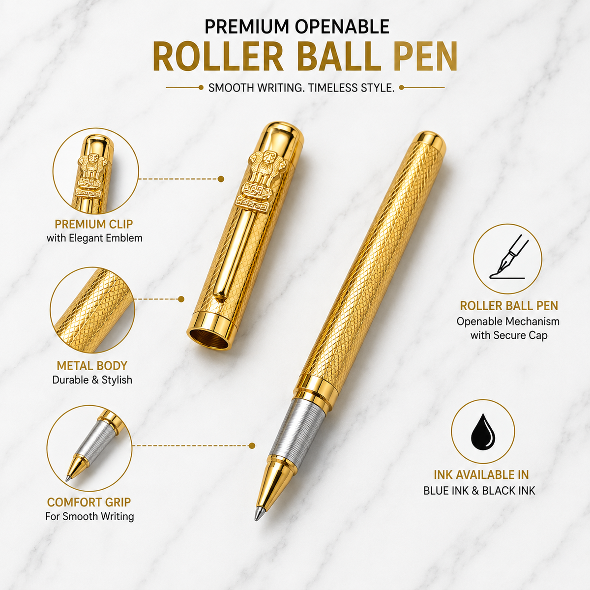 Metallic gold Ashoka emblem openable ball pen product image
