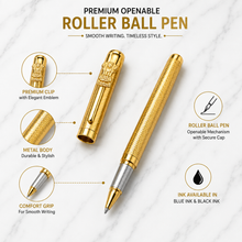 Ballpen Bazaar Metallic Glossy Designer Gold Ball Pen with Gold Designer Cap & Ashoka Emblem Clip | Openable Metal Pen | Blue Ink | 1 Pen + 1 Free Refill