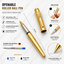 Ballpen Bazaar Metallic Glossy Designer Gold Ball Pen with Gold Designer Cap & Ashoka Emblem Clip | Openable Metal Pen | Blue Ink | 1 Pen + 1 Free Refill