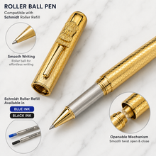 Ballpen Bazaar Metallic Glossy Designer Gold Ball Pen with Gold Designer Cap & Ashoka Emblem Clip | Openable Metal Pen | Blue Ink | 1 Pen + 1 Free Refill