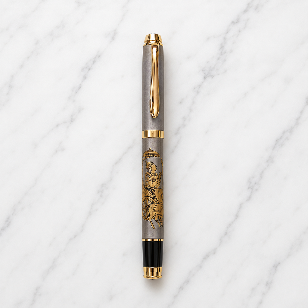 Matt grey Mahabharata engraved roller ball pen with gold clip and blue ink