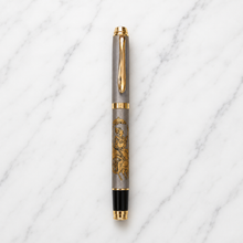 Ballpen Bazaar Matt Grey Metal Roller Ball Pen with Gold Clip | Mahabharata Engraved Design | Blue Ink | 1 Pen + 1 Free Roller Refill