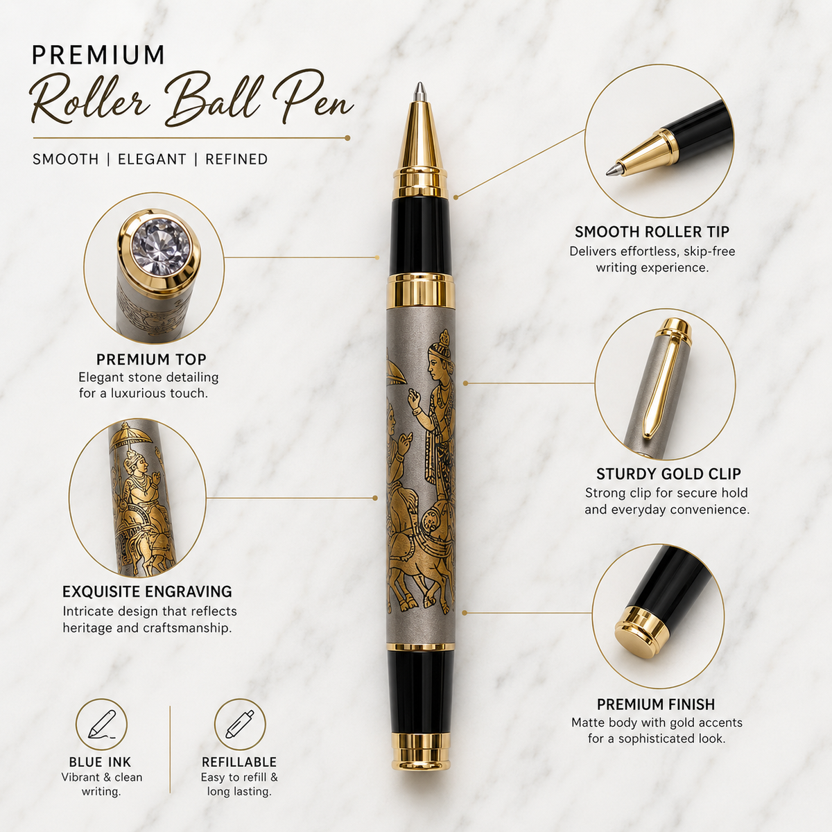 Matt grey Mahabharata engraved roller ball pen with gold clip and blue ink