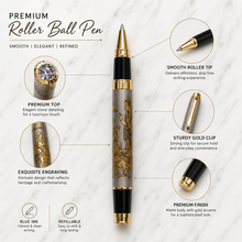 Ballpen Bazaar Matt Grey Metal Roller Ball Pen with Gold Clip | Mahabharata Engraved Design | Blue Ink | 1 Pen + 1 Free Roller Refill