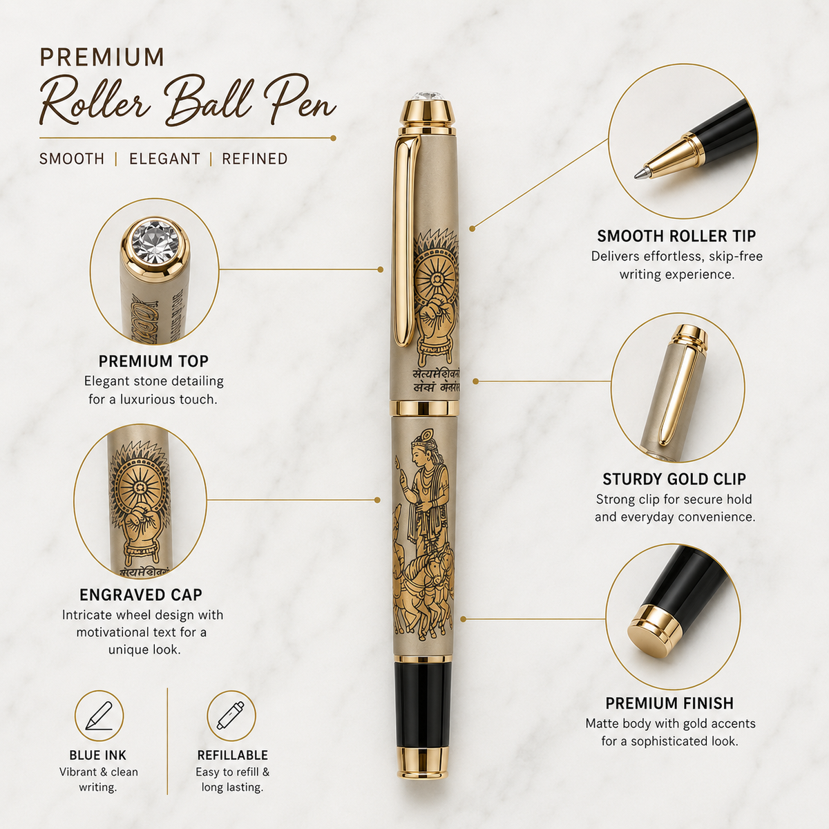 Matt grey Mahabharata engraved roller ball pen with gold clip and blue ink