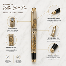 Ballpen Bazaar Matt Grey Metal Roller Ball Pen with Gold Clip | Mahabharata Engraved Design | Blue Ink | 1 Pen + 1 Free Roller Refill
