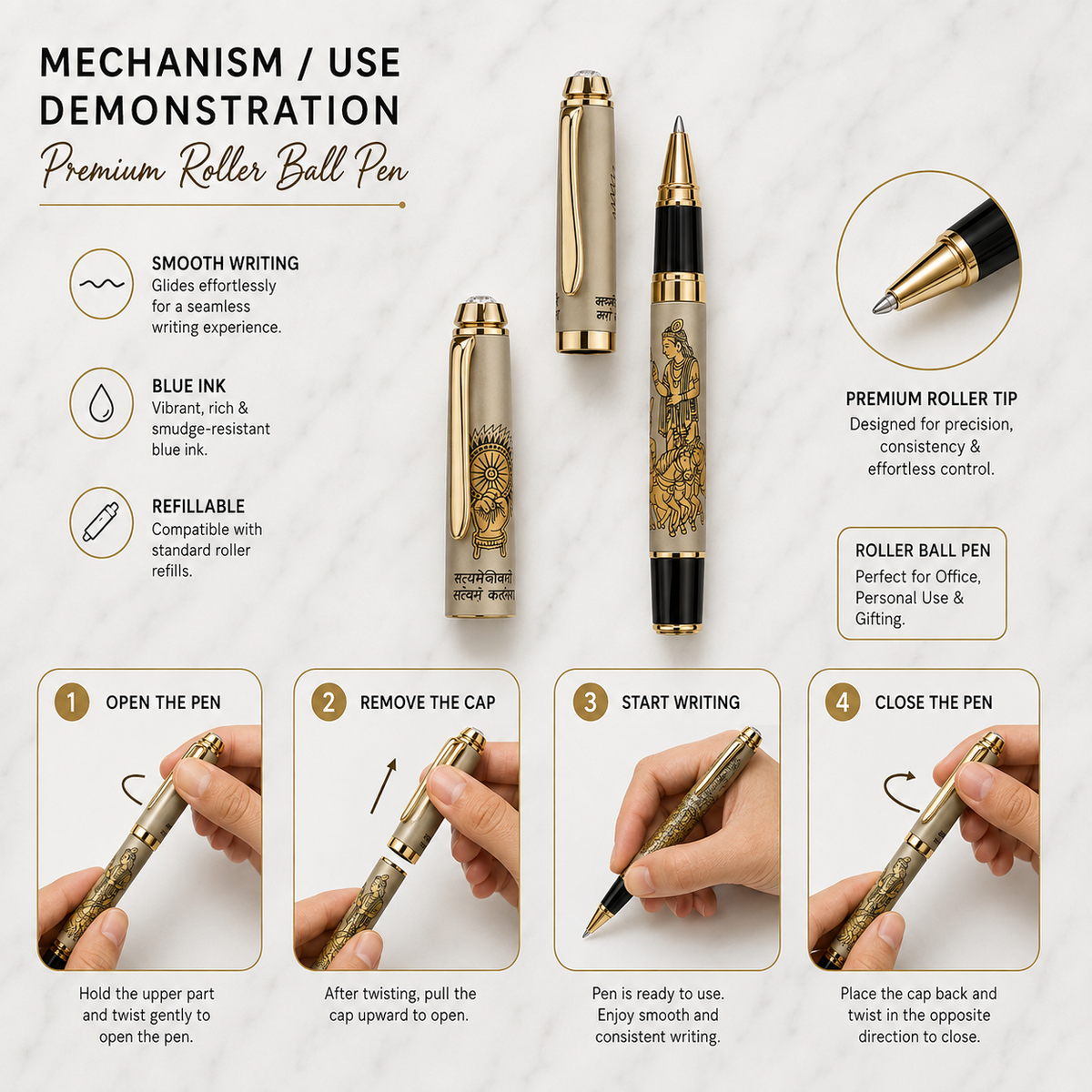 Matt grey Mahabharata engraved roller ball pen with gold clip and blue ink