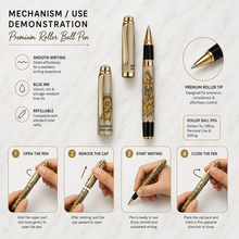 Ballpen Bazaar Matt Grey Metal Roller Ball Pen with Gold Clip | Mahabharata Engraved Design | Blue Ink | 1 Pen + 1 Free Roller Refill