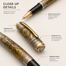 Ballpen Bazaar Matt Grey Metal Roller Ball Pen with Gold Clip | Mahabharata Engraved Design | Blue Ink | 1 Pen + 1 Free Roller Refill