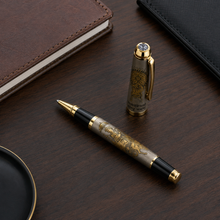 Ballpen Bazaar Matt Grey Metal Roller Ball Pen with Gold Clip | Mahabharata Engraved Design | Blue Ink | 1 Pen + 1 Free Roller Refill