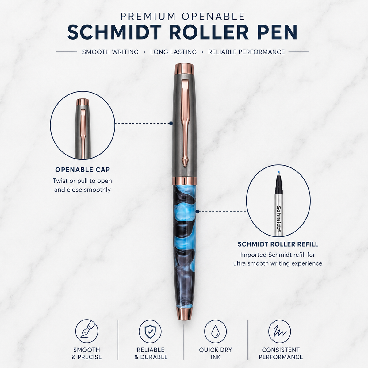 Gunmetal and blue acrylic designer roller ball pen with openable cap and blue ink