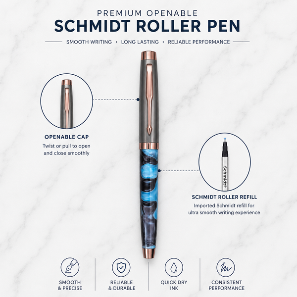 Ballpen Bazaar Metallic Glossy Gunmetal & Blue Acrylic Designer Roller Ball Pen with Gunmetal Cap | Openable Mechanism | Blue Ink | 1 Pen + 1 Free Refill