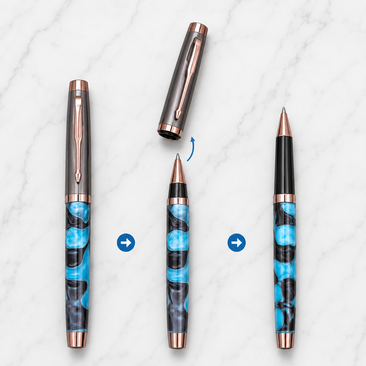 Gunmetal and blue acrylic designer roller ball pen with openable cap and blue ink