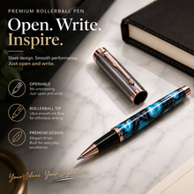 Ballpen Bazaar Metallic Glossy Gunmetal & Blue Acrylic Designer Roller Ball Pen with Gunmetal Cap | Openable Mechanism | Blue Ink | 1 Pen + 1 Free Refill