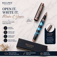 Ballpen Bazaar Metallic Glossy Gunmetal & Blue Acrylic Designer Roller Ball Pen with Gunmetal Cap | Openable Mechanism | Blue Ink | 1 Pen + 1 Free Refill