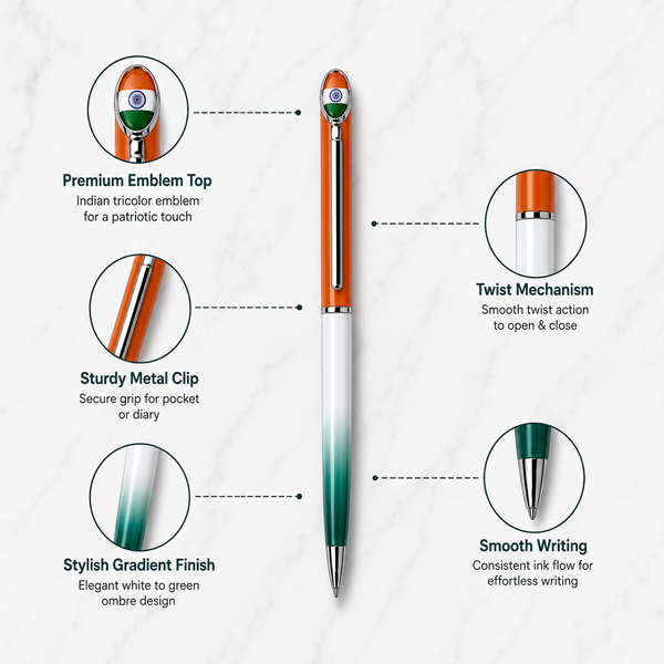 Ballpen Bazaar Matt Orange White and Green Tiranga Radiant Ball Pen with Silver Clip Indian Flag Logo Twist Mechanism Black Ink 1 Pen with 1 Free Refill