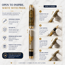 Ballpen Bazaar Metallic Glossy Bharat Pride Heritage Metal Ball Pen with Lion Capital & India Map | Gold Clip | Openable Cap | Blue Ink | Premium Executive Writing Pen | 1 Pen + 1 Free Refill