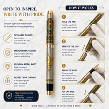 Ballpen Bazaar Metallic Glossy Bharat Pride Heritage Metal Ball Pen with Lion Capital & India Map | Gold Clip | Openable Cap | Blue Ink | Premium Executive Writing Pen | 1 Pen + 1 Free Refill