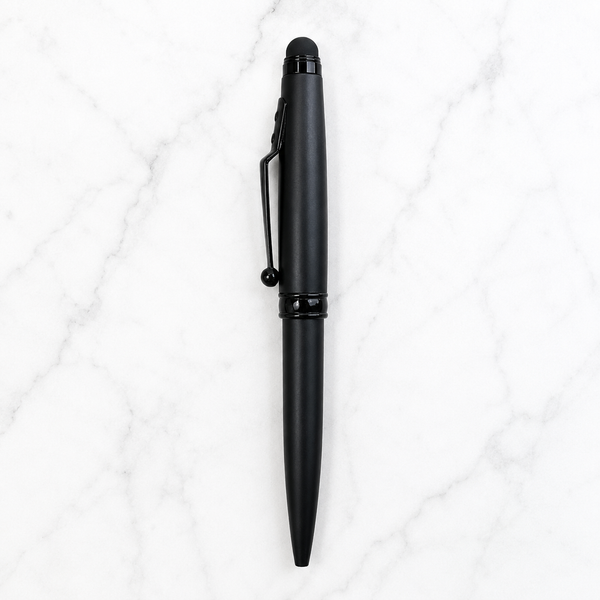 Ballpen Bazaar Stylus Matt Black Colour Body with Glossy Black Designer Shape Clip Twist Mechanism Ball Pen | Blue Ink | Premium Metal Touchscreen Stylus Pen | 1 Pen + 1 Free Refill
