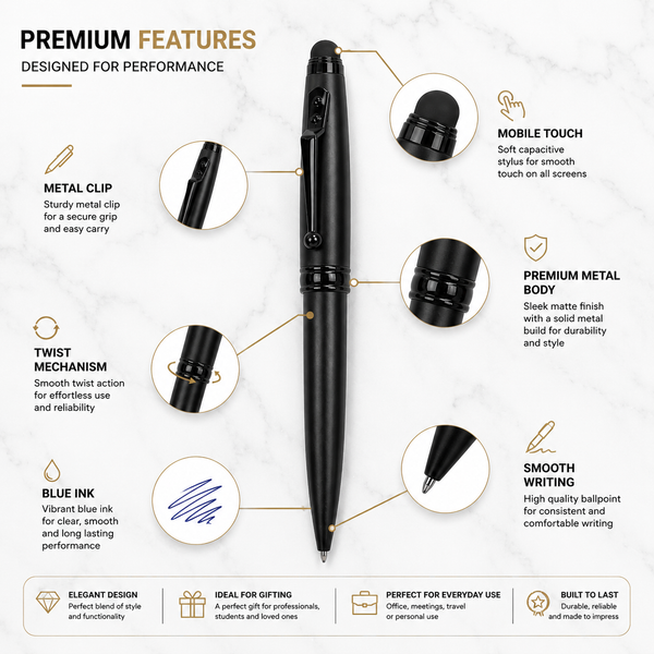 Ballpen Bazaar Stylus Matt Black Colour Body with Glossy Black Designer Shape Clip Twist Mechanism Ball Pen | Blue Ink | Premium Metal Touchscreen Stylus Pen | 1 Pen + 1 Free Refill