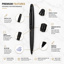Ballpen Bazaar Stylus Matt Black Colour Body with Glossy Black Designer Shape Clip Twist Mechanism Ball Pen | Blue Ink | Premium Metal Touchscreen Stylus Pen | 1 Pen + 1 Free Refill