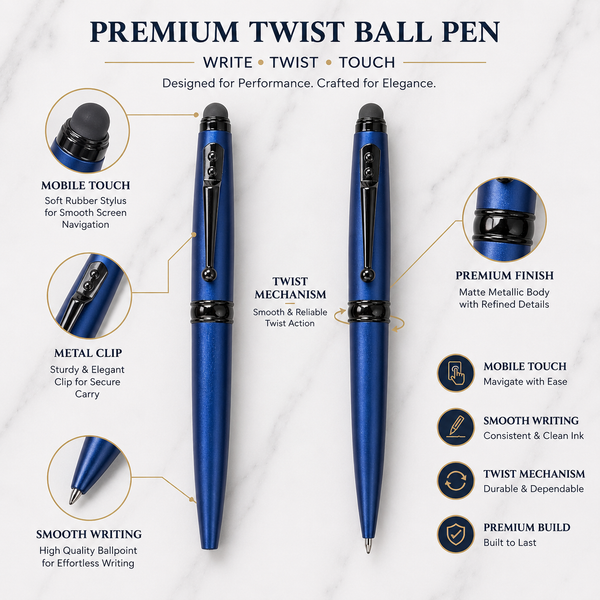 Ballpen Bazaar Stylus Matt Blue Colour Body with Black Designer Shape Clip Twist Mechanism Ball Pen | Black Ink | Premium Metal Stylus Pen | 1 Pen + 1 Free Refill