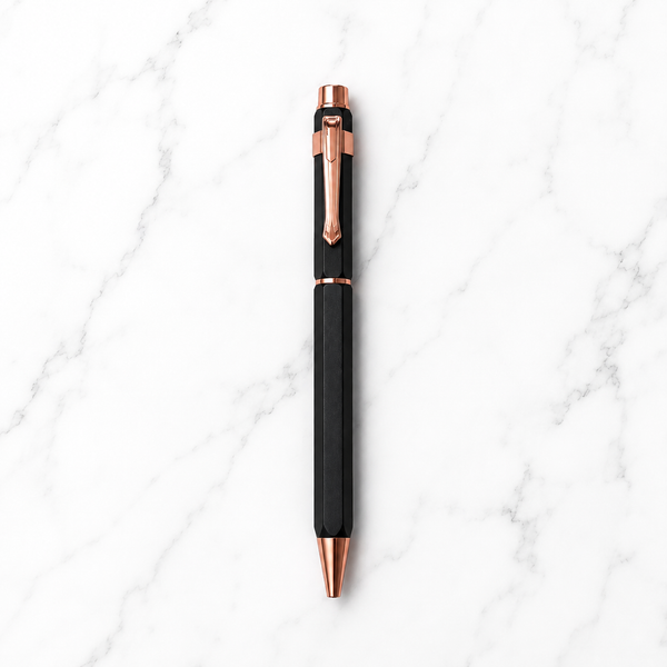 Ballpen Bazaar Matt Black Colour Body with Copper Colour Designer Shape Clip Twist Mechanism Ball Pen | Black Ink | Premium Metal Writing Pen | 1 Ball Pen with 1 Free Refill