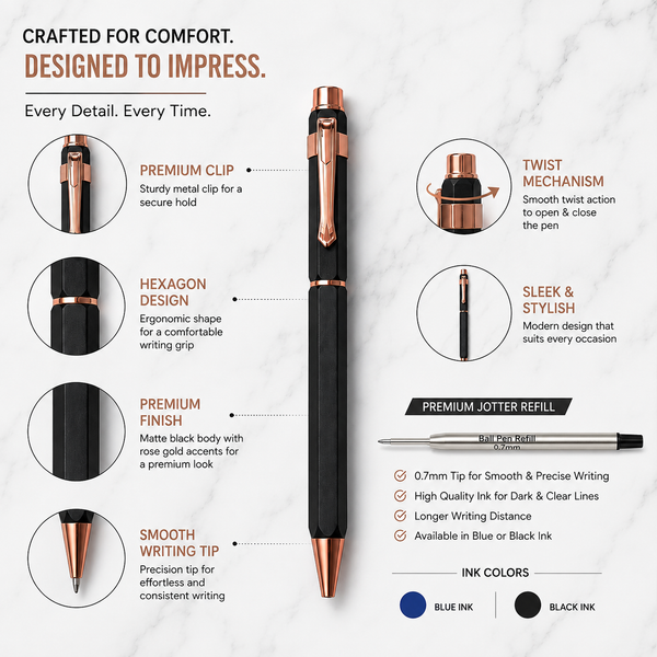 Matt Black Colour Body with Copper Colour Designer Shape Clip Twist Mechanism Ball Pen | Black Ink | Premium Metal Writing Pen | 1 Ball Pen with 1 Free Refill