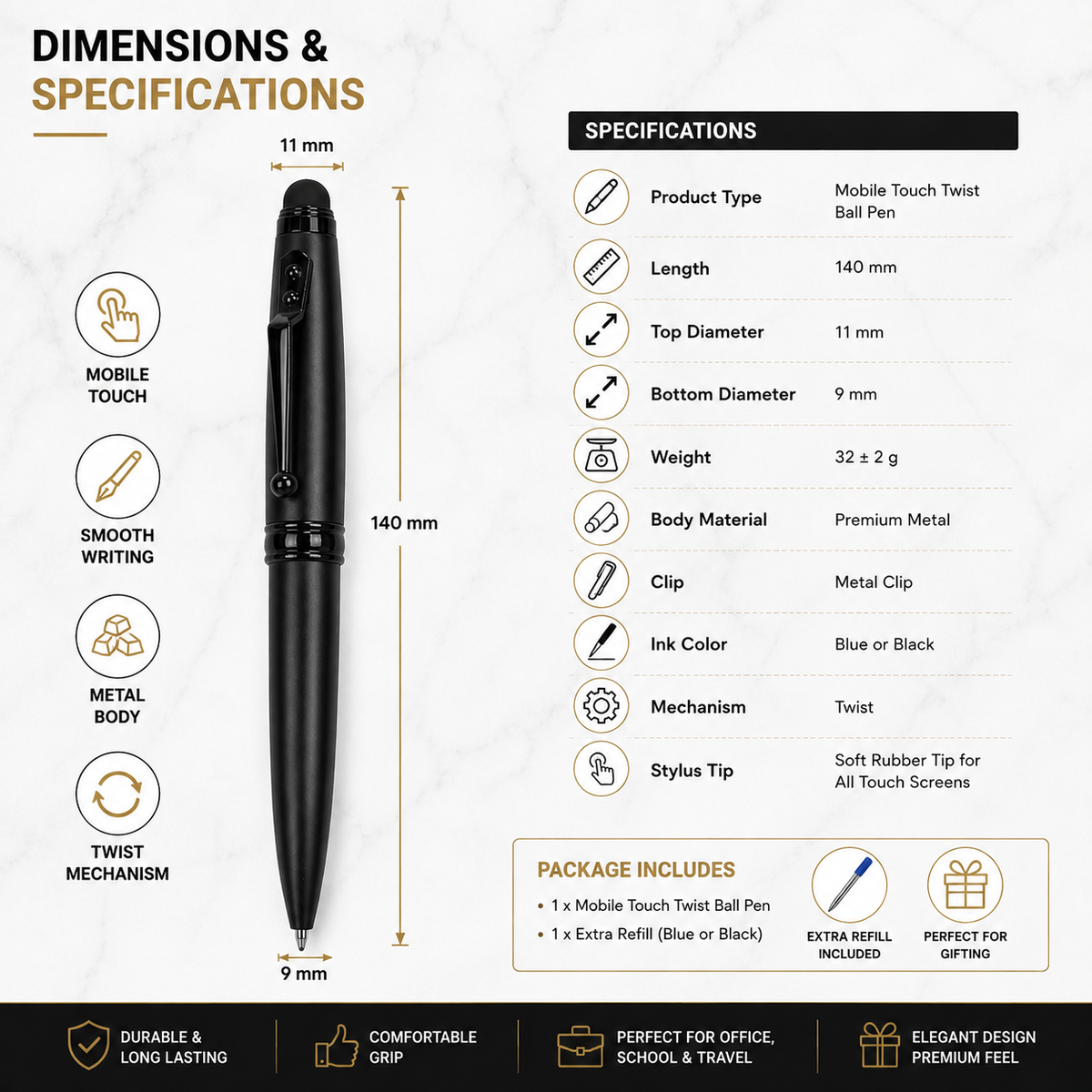 Matt Black Stylus Twist Ball Pen – Blue Ink product view 5