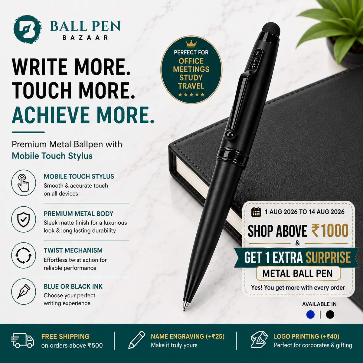 Matt Black Stylus Twist Ball Pen – Blue Ink product view 7