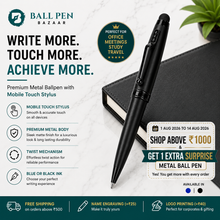 Ballpen Bazaar Stylus Matt Black Colour Body with Glossy Black Designer Shape Clip Twist Mechanism Ball Pen | Blue Ink | Premium Metal Touchscreen Stylus Pen | 1 Pen + 1 Free Refill