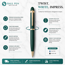 Ballpen Bazaar Matt Green Colour Body with Glossy Gold Colour Clip Twist Mechanism Ball Pen | Blue Ink | Premium Metal Writing Pen | 1 Pen + 1 Free Refill