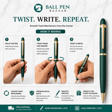 Ballpen Bazaar Matt Green Colour Body with Glossy Gold Colour Clip Twist Mechanism Ball Pen | Blue Ink | Premium Metal Writing Pen | 1 Pen + 1 Free Refill