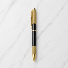 Ballpen Bazaar Metallic Glossy Black Ball Pen with Textured Glossy Gold Grip & Gold Clip | Twist Mechanism | Blue Ink | Premium Metal Writing Pen | 1 Pen + 1 Extra Free Refill