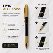 Ballpen Bazaar Metallic Glossy Black Ball Pen with Textured Glossy Gold Grip & Gold Clip | Twist Mechanism | Blue Ink | Premium Metal Writing Pen | 1 Pen + 1 Extra Free Refill