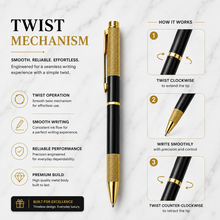 Ballpen Bazaar Metallic Glossy Black Ball Pen with Textured Glossy Gold Grip & Gold Clip | Twist Mechanism | Blue Ink | Premium Metal Writing Pen | 1 Pen + 1 Extra Free Refill