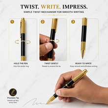 Ballpen Bazaar Metallic Glossy Black Ball Pen with Textured Glossy Gold Grip & Gold Clip | Twist Mechanism | Blue Ink | Premium Metal Writing Pen | 1 Pen + 1 Extra Free Refill