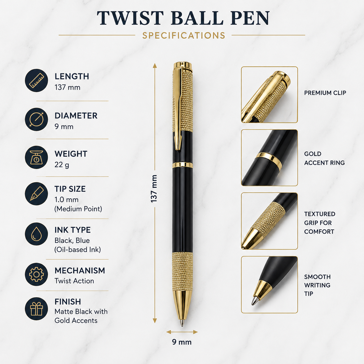 Glossy Black & Gold Grip Twist Ball Pen product view 7